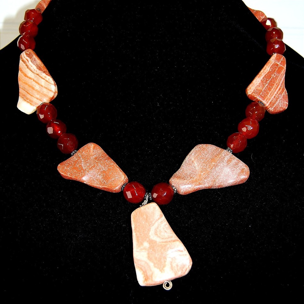 Vintage Red Jasper‎ Carnelian Gemstone Necklace Choker Natural beads *Repaired
